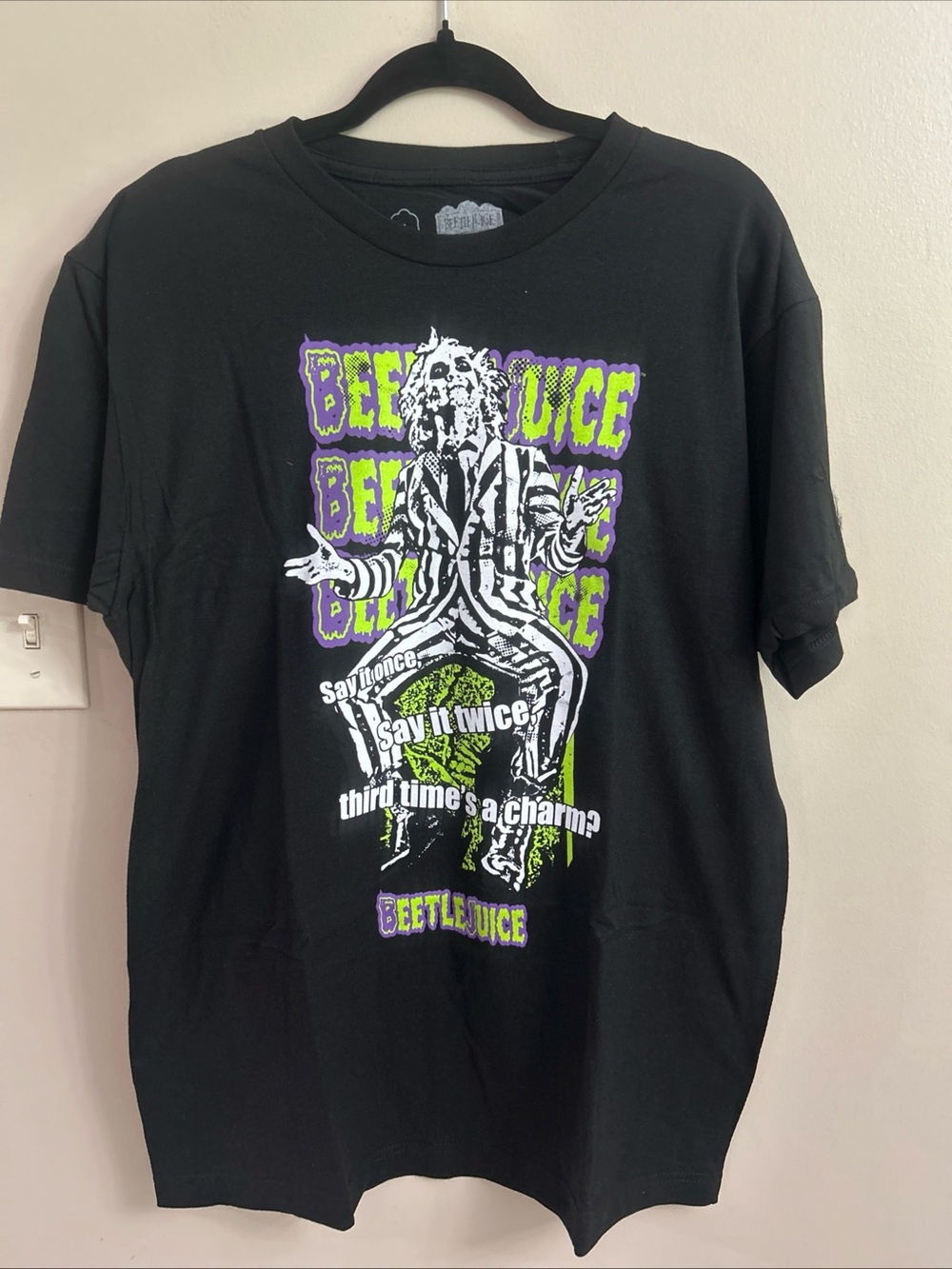 Beetlejuice Graphic T-Shirt large Say it Once Third times a Charm. GRAPHIC PRINT